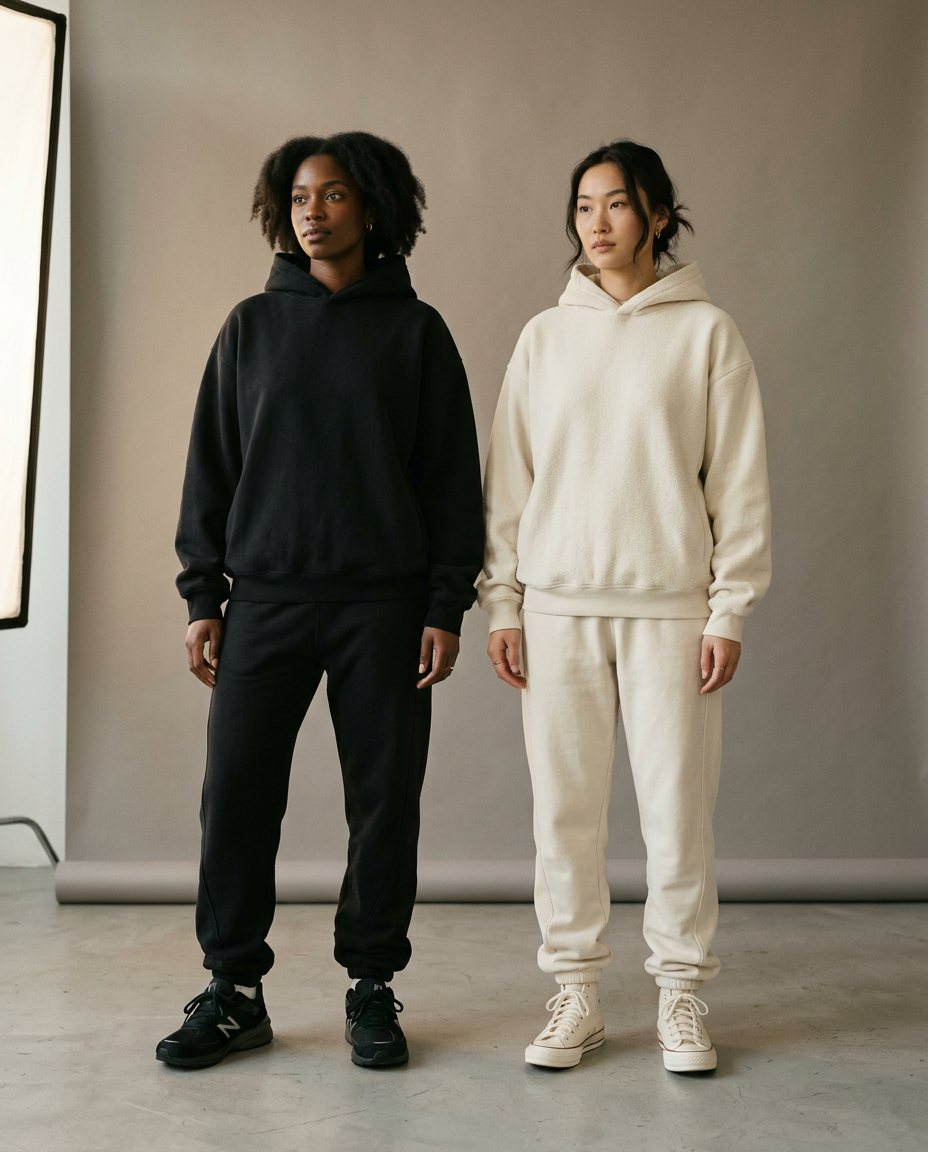 Both OTRACE colorways worn as a full set — Onyx Black and Warm Cream